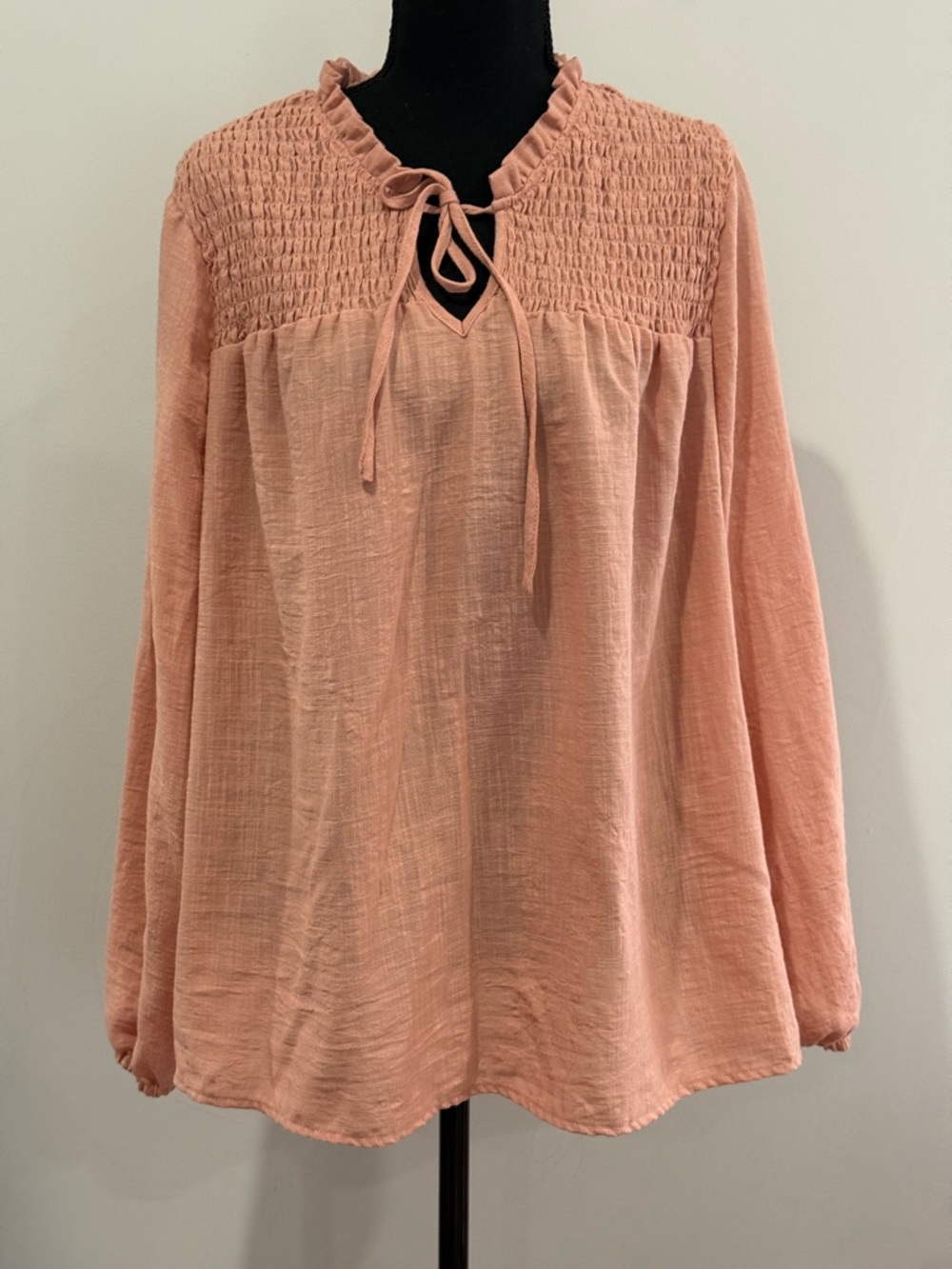 Como Vintage 3X Smocked Yoke Tie-Neck Blouse - Dusty Rose 816